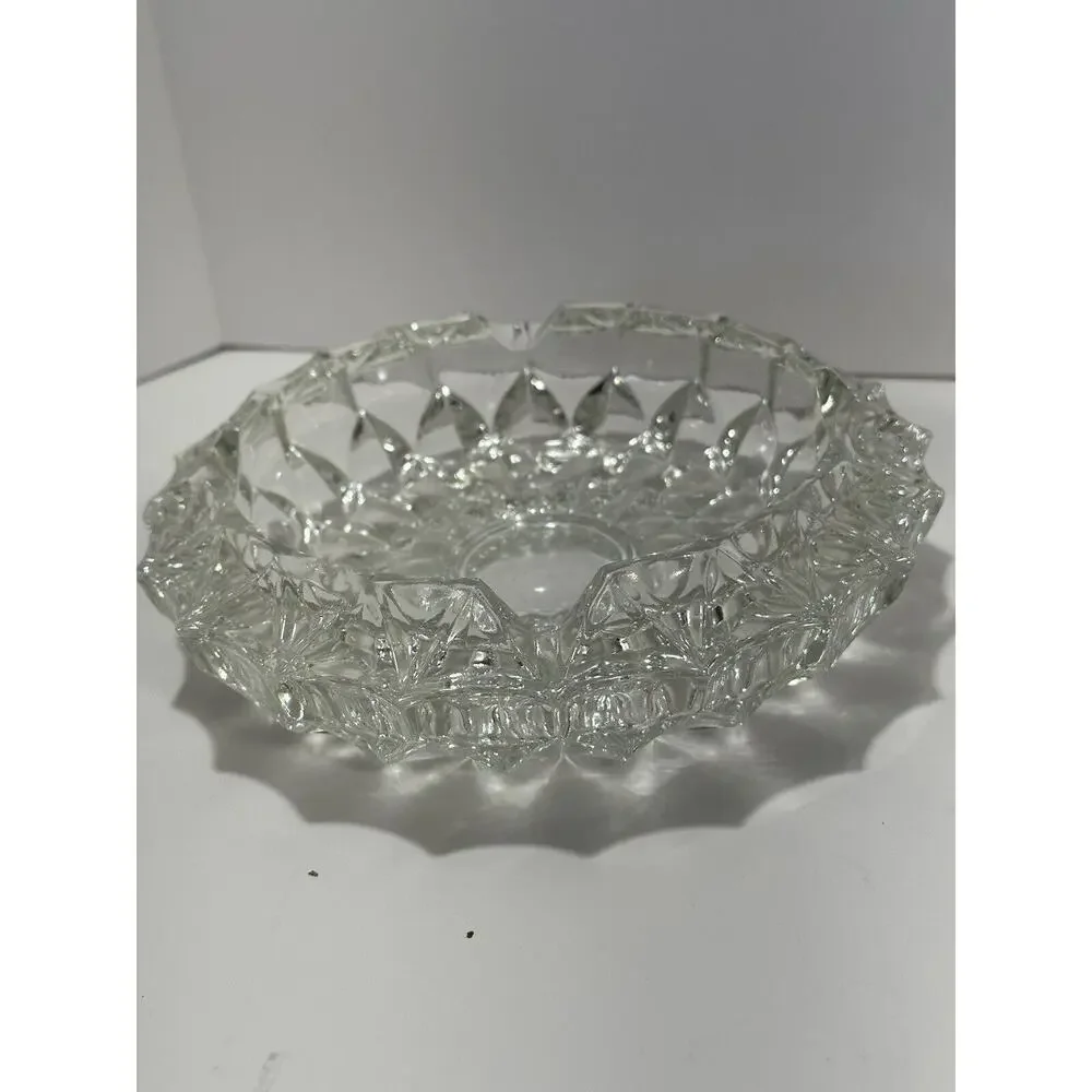 Lot 2 Vintage Large Lead Crystal Cut Clear Glass Ashtray‎ 7” Heavy Dish Etched